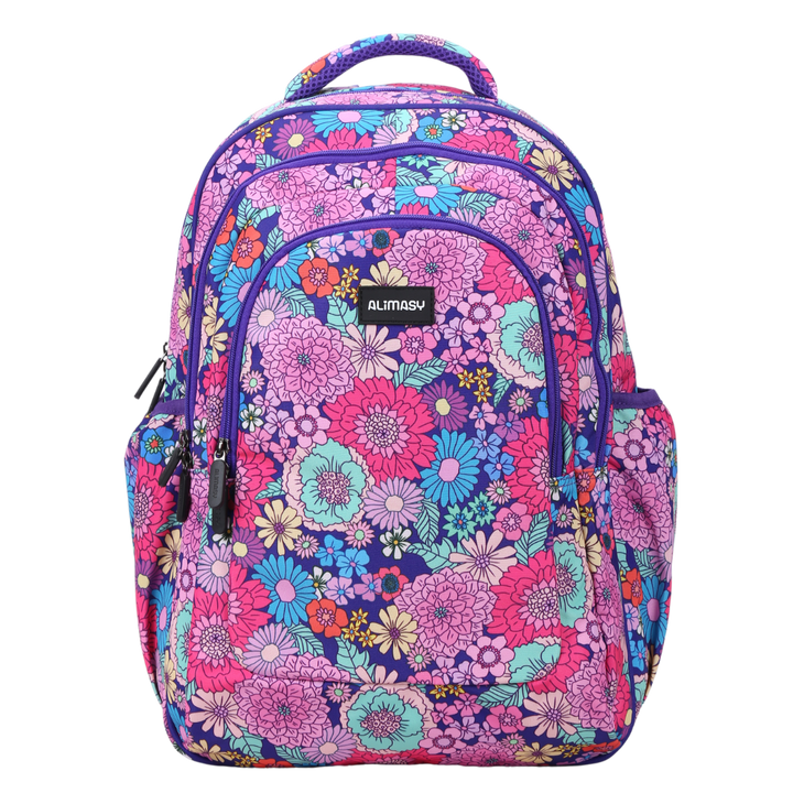 A large school backpack with a vibrant floral pattern in shades of pink, blue, and green, featuring multiple compartments and adjustable straps.