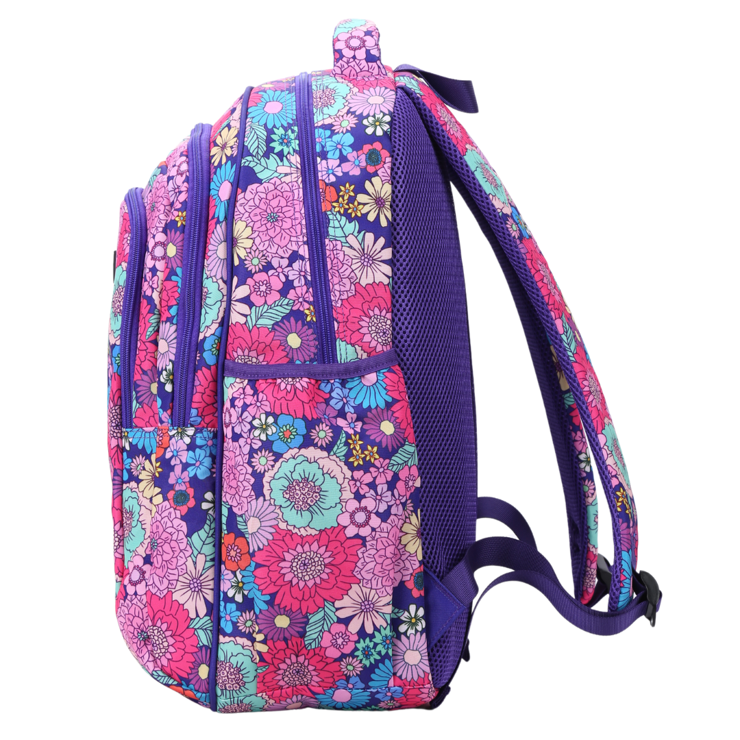Side view of Summer Flowers Large School Backpack Deep side pockets and multiple carry handles