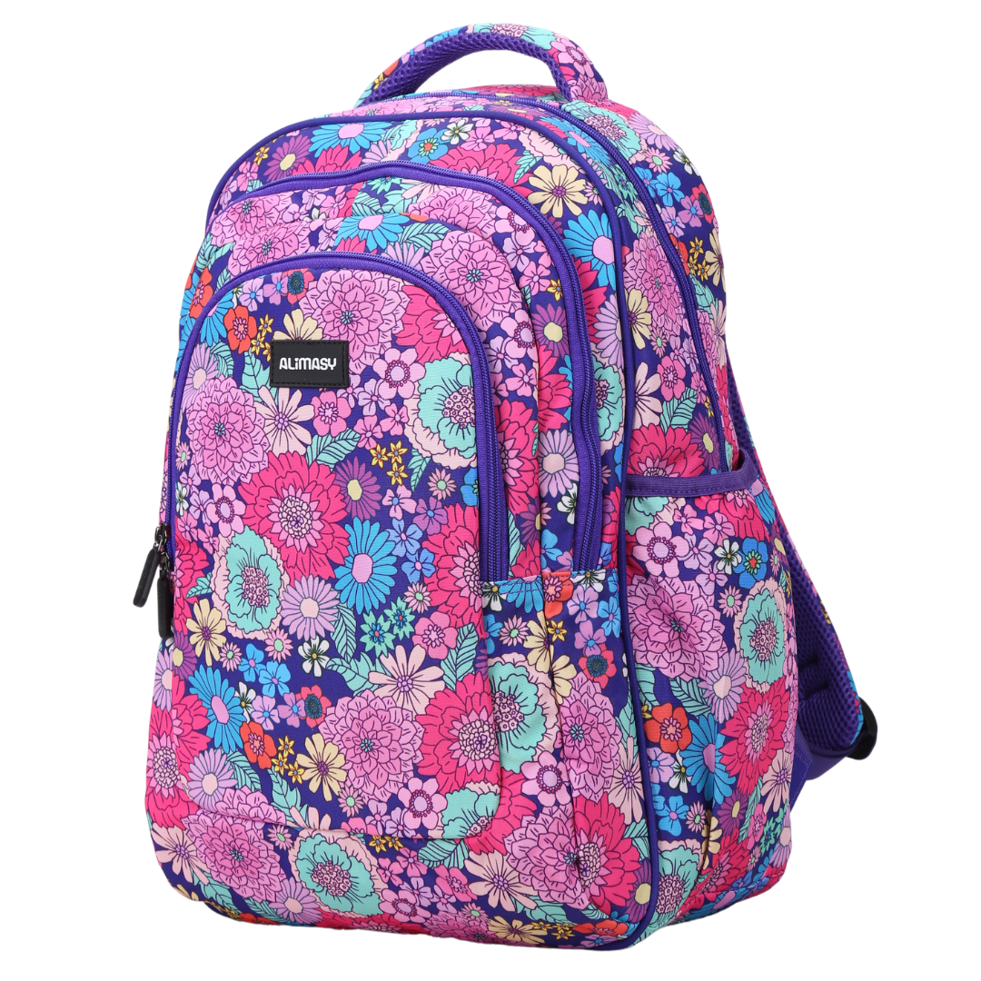 Angled view of Summer Flowers Large School Backpack Lightweight yet strong with YKK zips