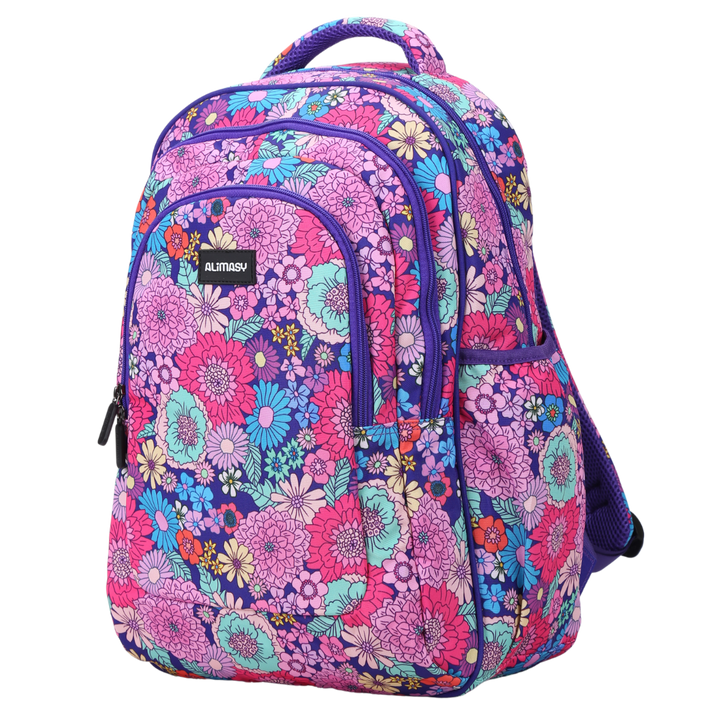 Angled view of Summer Flowers Large School Backpack Lightweight yet strong with YKK zips