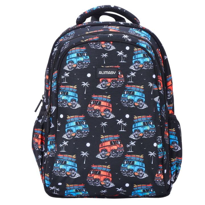 A midsize children's backpack with a surf kombi themed print, featuring multiple compartments and adjustable straps.