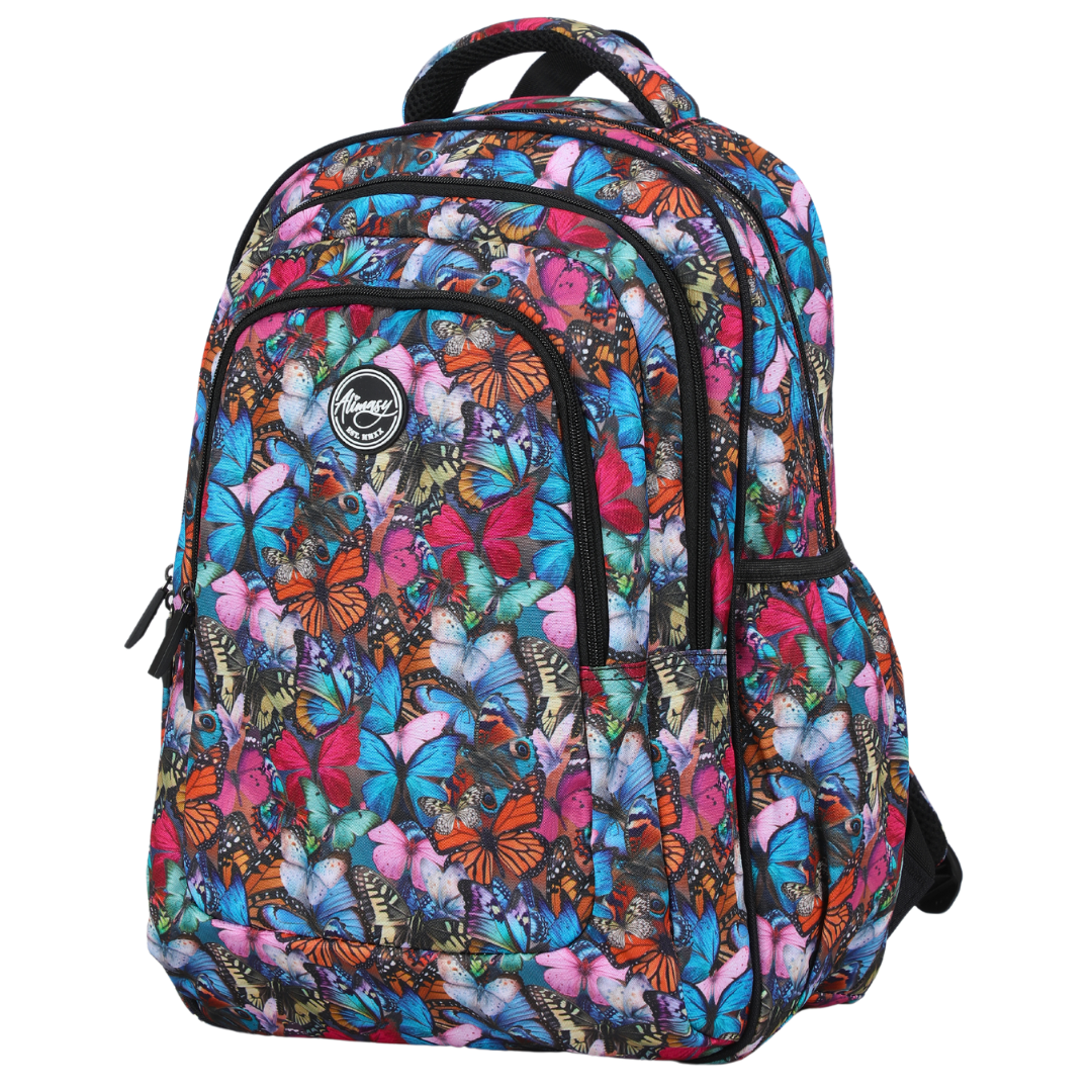 A large school backpack with a colorful butterfly print design, featuring multiple compartments, side pockets, and an ergonomic adjustable padded shoulder straps.