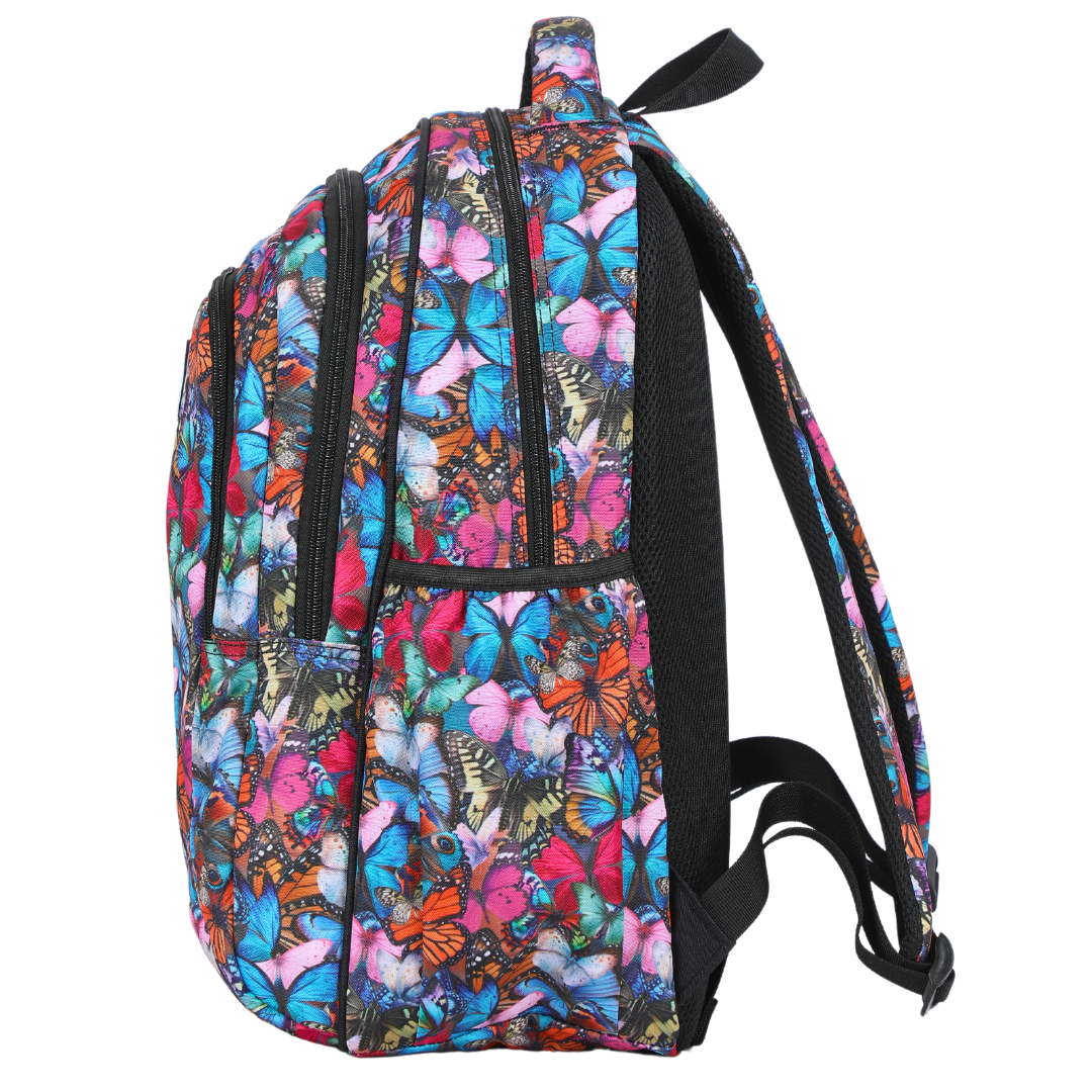 Side view of The Monarchy Large School Backpack Deep side pockets and multiple carry handles