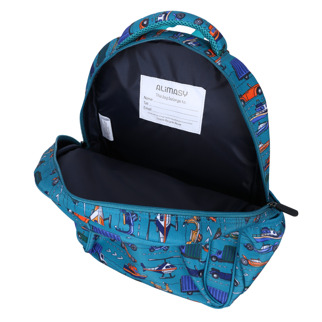 Transport Midsize Kids Backpack inside view easy-clean waterproof interior lining, durable kids school bag