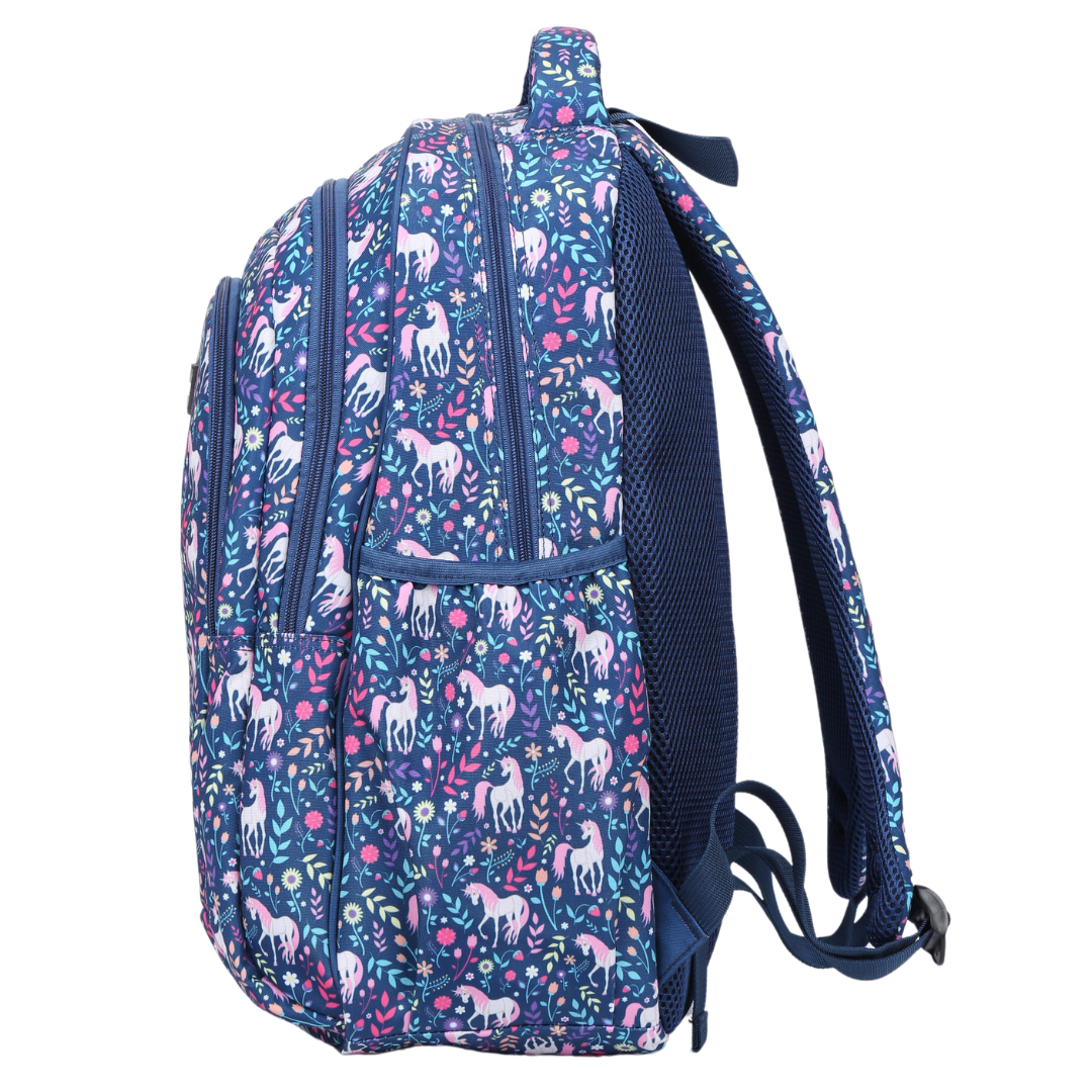 Side view of Unicorn Large School Backpack Deep side pockets and multiple carry handles