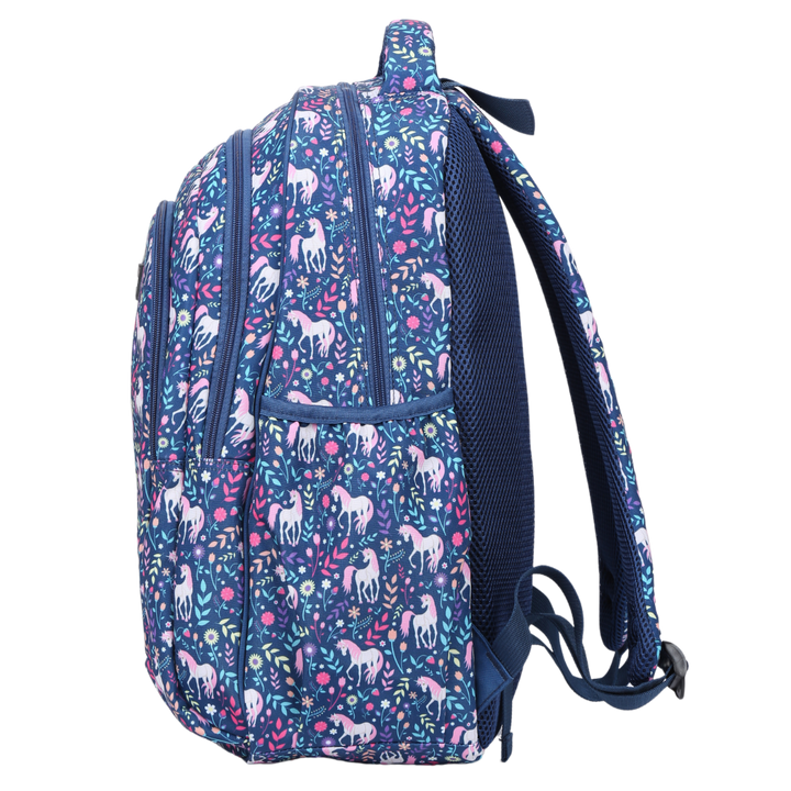 Side view of Unicorn Large School Backpack Deep side pockets and multiple carry handles
