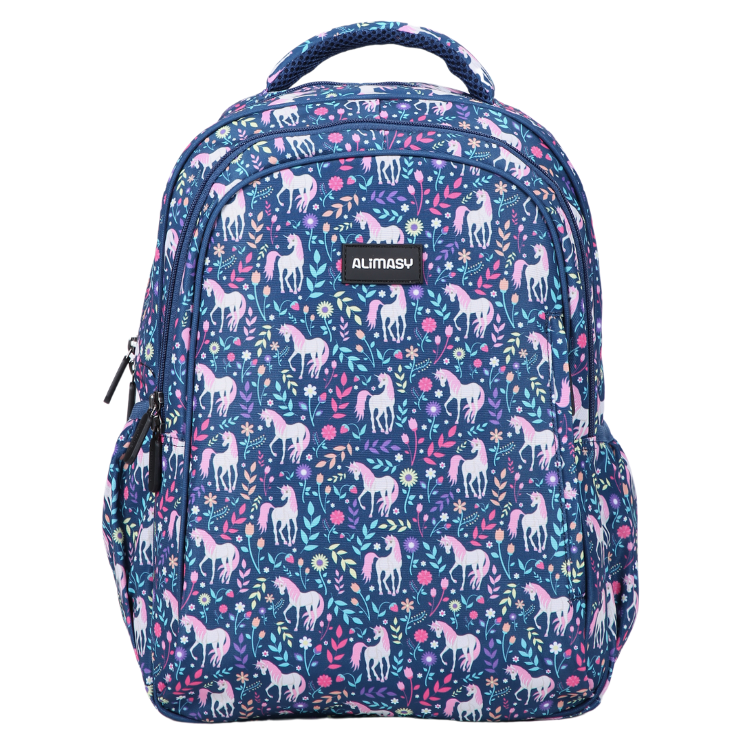 A midsize kids backpack with a dark blue base color and a colorful unicorn print. It features multiple compartments and a carry handle.