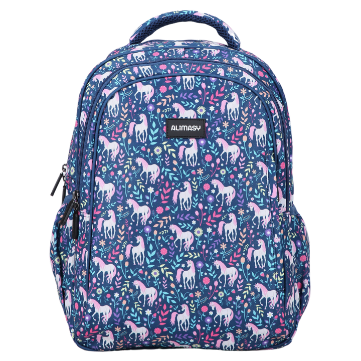 A midsize kids backpack with a dark blue base color and a colorful unicorn print. It features multiple compartments and a carry handle.