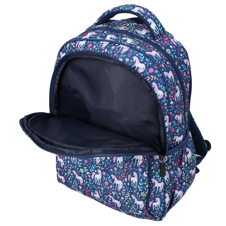 Unicorn Midsize Kids Backpack open flat spacious compartments for school supplies