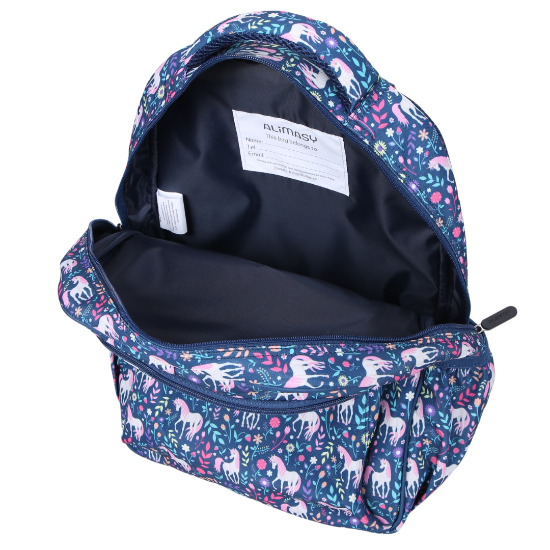 Unicorn Midsize Kids Backpack inside view easy-clean waterproof interior lining, name label, durable kids school bag