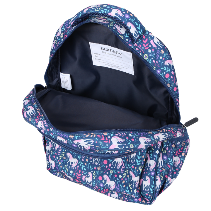 Unicorn Midsize Kids Backpack inside view easy-clean waterproof interior lining, name label, durable kids school bag
