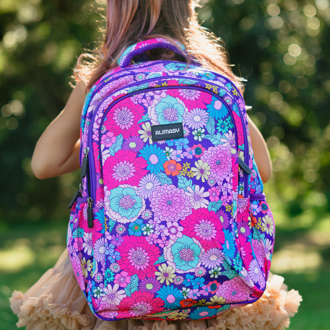 Summer Flowers Midsize Kids Backpack lifestyle image child wearing, lightweight waterproof school bag for boys and girls