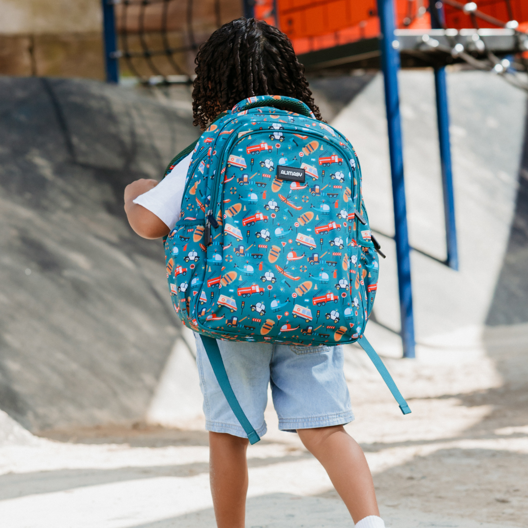 Rescuers Midsize Kids Backpack lifestyle image child wearing, lightweight waterproof school bag for boys and girls