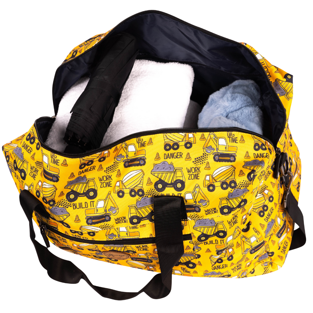 alimasy kids yellow construction duffle bag for overnight stays open with clothes