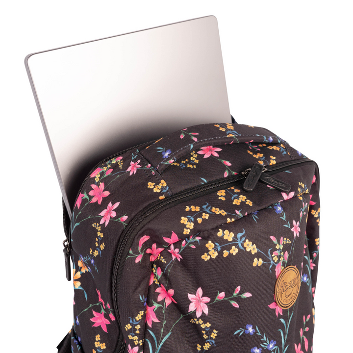 alimasy black floral laptop backpack outside view with laptop sticking out of pocket