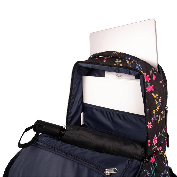 alimasy black floral ladies laptop backpack open view with laptop and umbrella