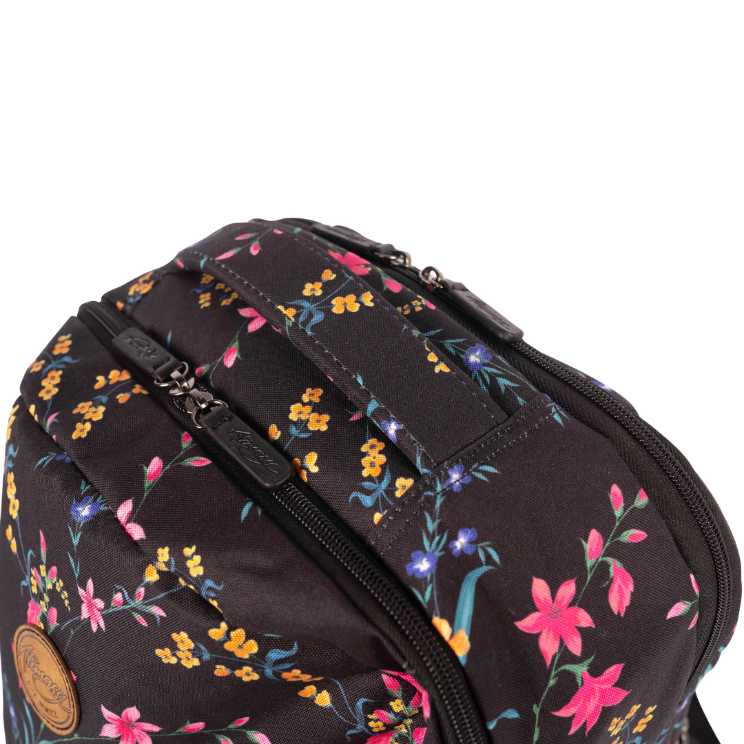 alimasy black floral pretty ornate womens laptop backpack outside view of pockets