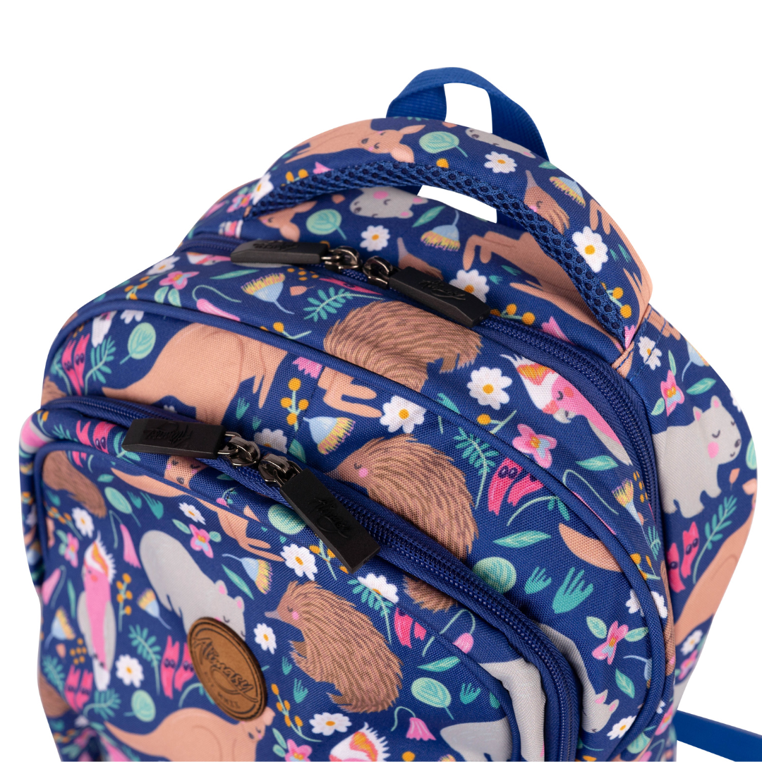 top of alimasy blue kids backpack with australia animals and zips and handles