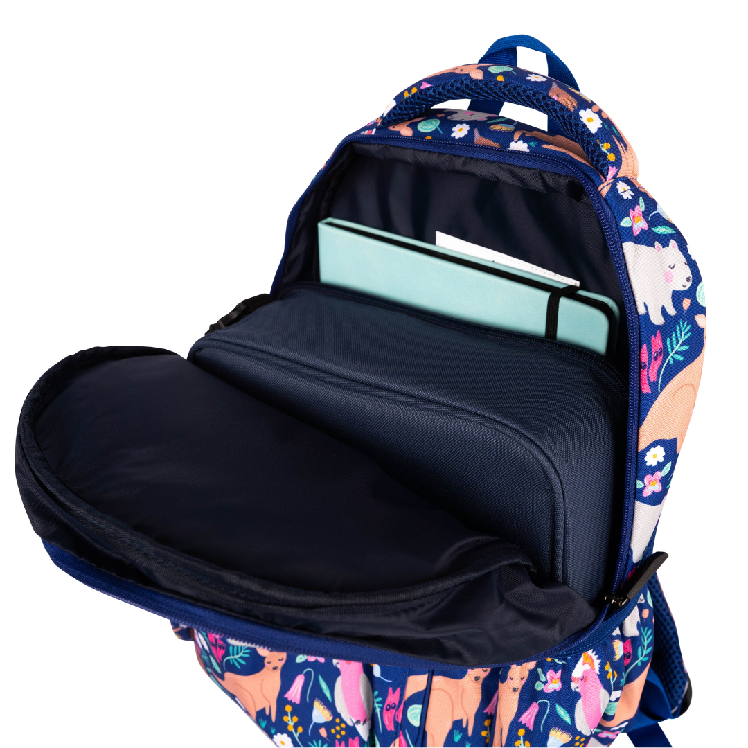 inside photo of australian animals alimasy blue kids backpack with lunchbox and green notebook
