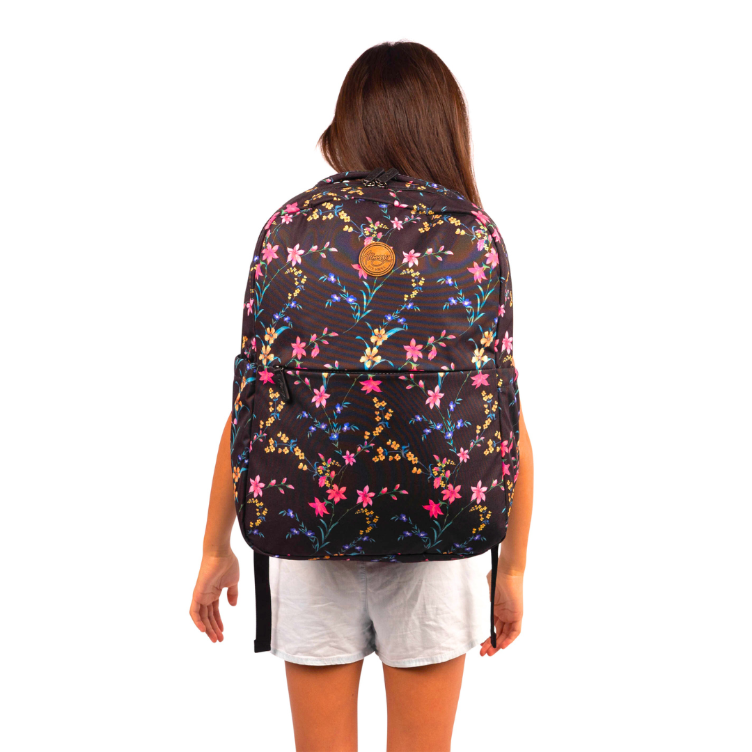 girl wearing alimasy black floral womens large laptop backpack