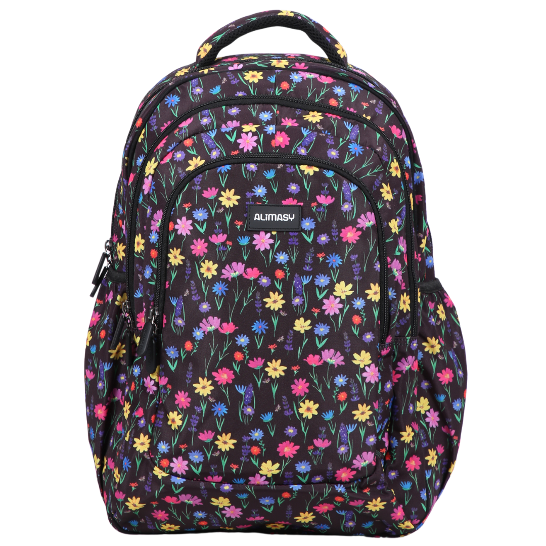 A large school backpack with a black background covered in a pattern of colorful wildflower meadow.