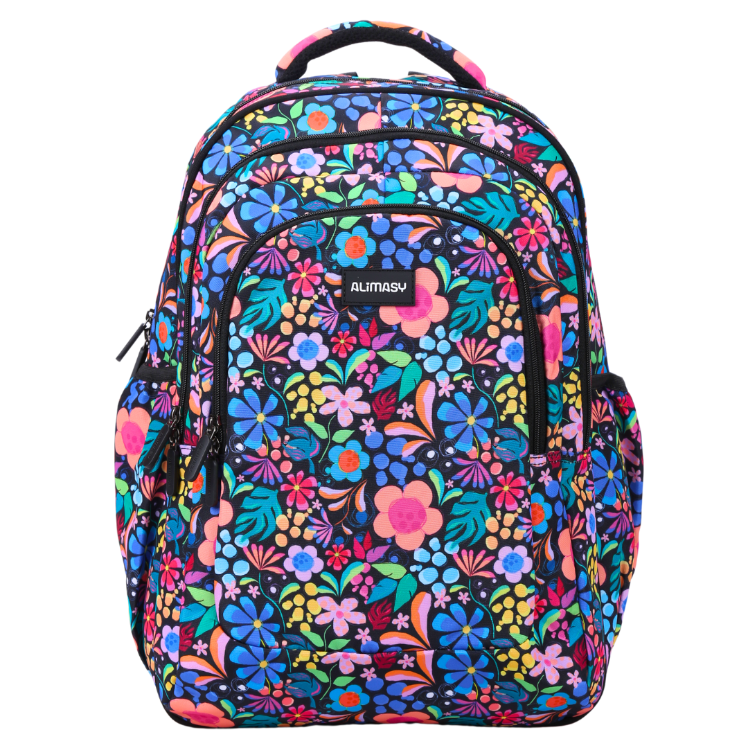 A large school backpack with a colorful floral print, featuring multiple compartments, a padded laptop pocket, and an ergonomic design.