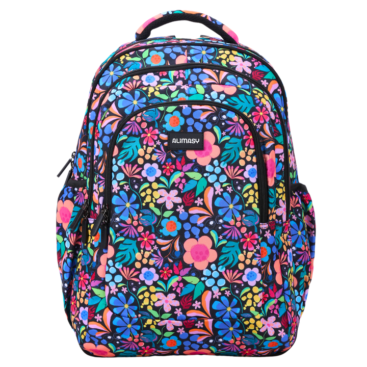 A large school backpack with a colorful floral print, featuring multiple compartments, a padded laptop pocket, and an ergonomic design.