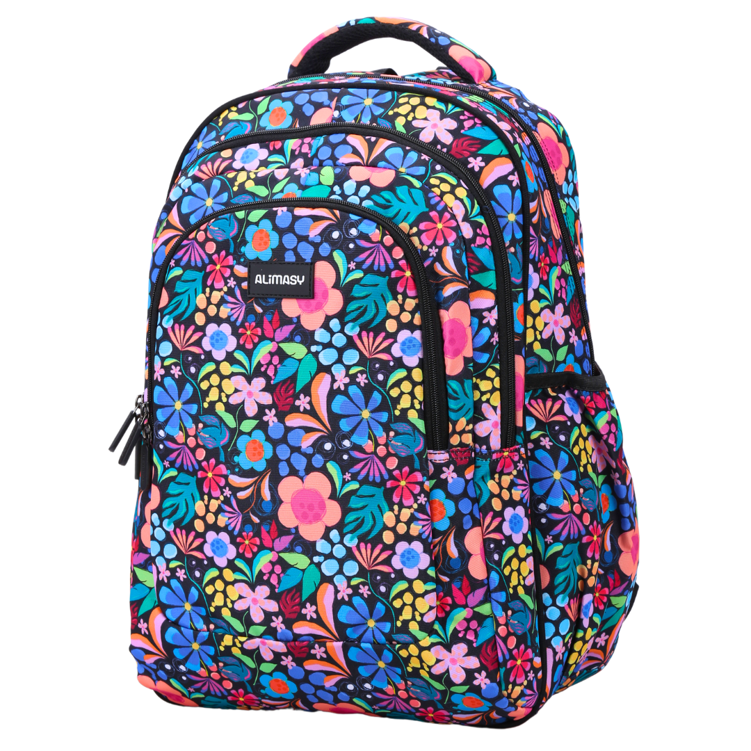 Angled view of Wonderland Large School Backpack Lightweight yet strong with YKK zips