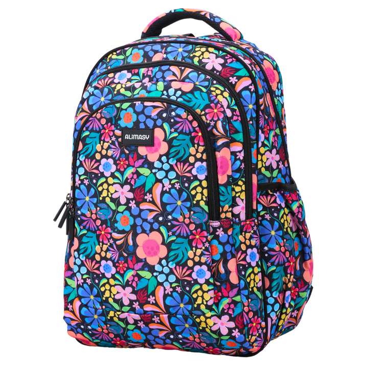 Angled view of Wonderland Large School Backpack Lightweight yet strong with YKK zips