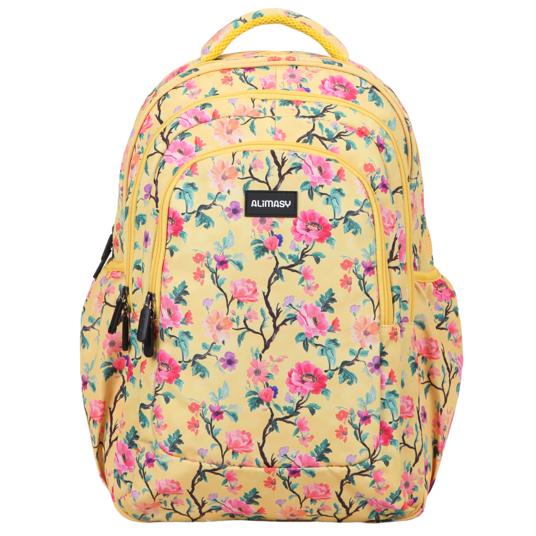 A large yellow floral school backpack with multiple compartments, shown with the brand name 'Alimasy' on the front.