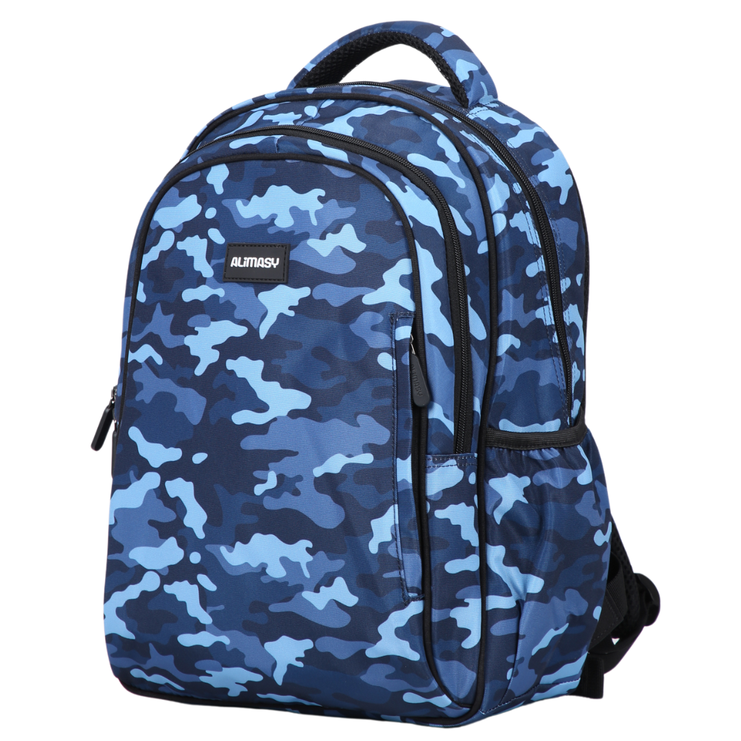 Blue Camouflage Midsize Kids Backpack detail shot durable YKK zips and reinforced handle, waterproof kids backpack