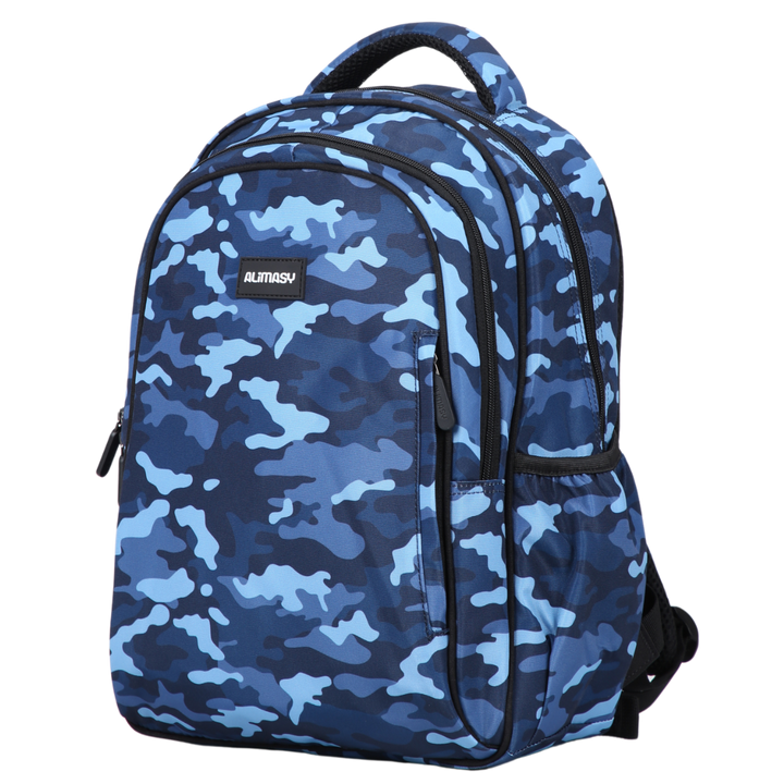 Blue Camouflage Midsize Kids Backpack detail shot durable YKK zips and reinforced handle, waterproof kids backpack