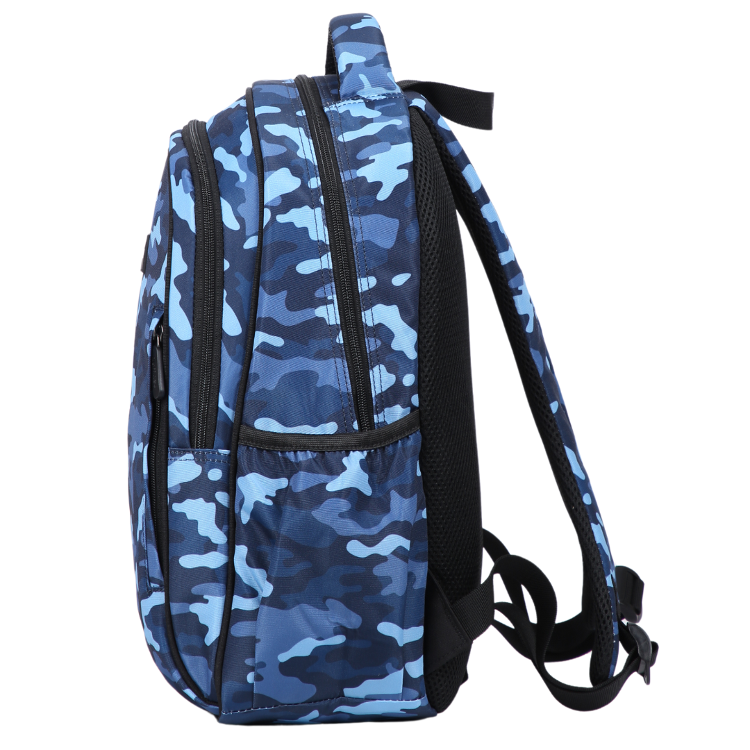 Blue Camouflage Midsize Kids Backpack side pocket elasticated for secure water bottle storage