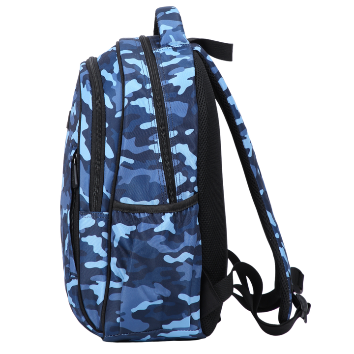 Blue Camouflage Midsize Kids Backpack side pocket elasticated for secure water bottle storage