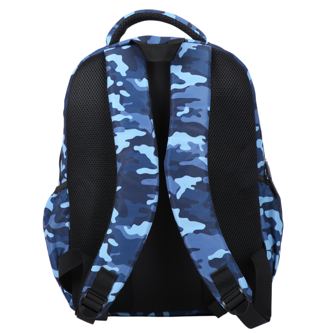 Blue Camouflage Midsize Kids Backpack back view ergonomic padded straps and back, comfortable waterproof kids school bag