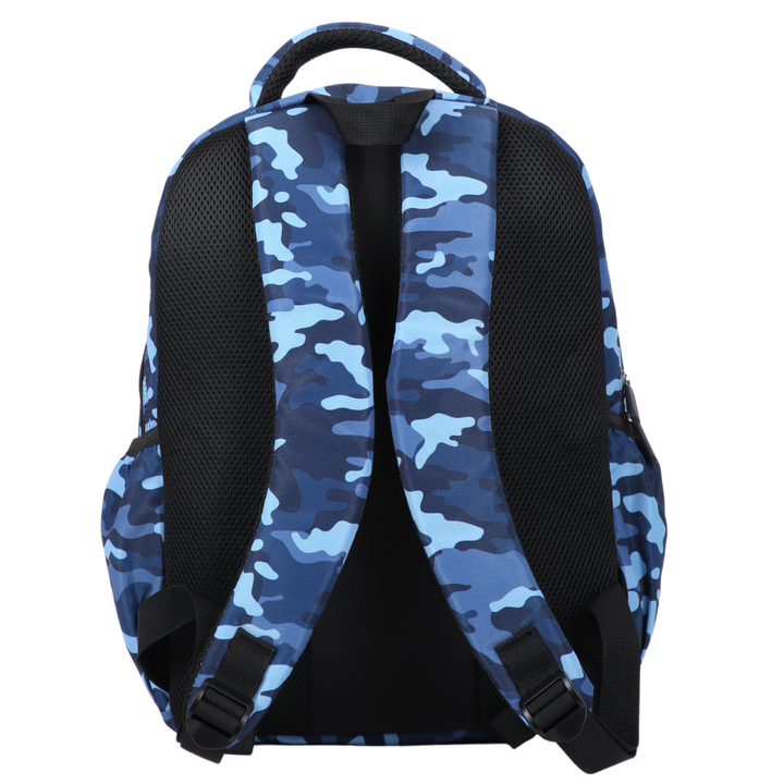 Blue Camouflage Midsize Kids Backpack back view ergonomic padded straps and back, comfortable waterproof kids school bag