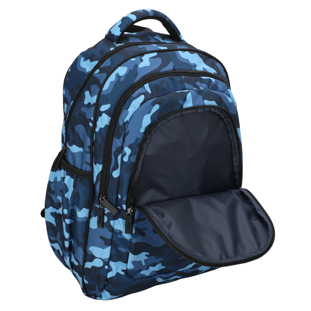 Close-up of Blue Camouflage Large School Backpack Easy clean waterproof lining and durable fabric