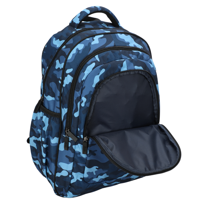 Close-up of Blue Camouflage Large School Backpack Easy clean waterproof lining and durable fabric
