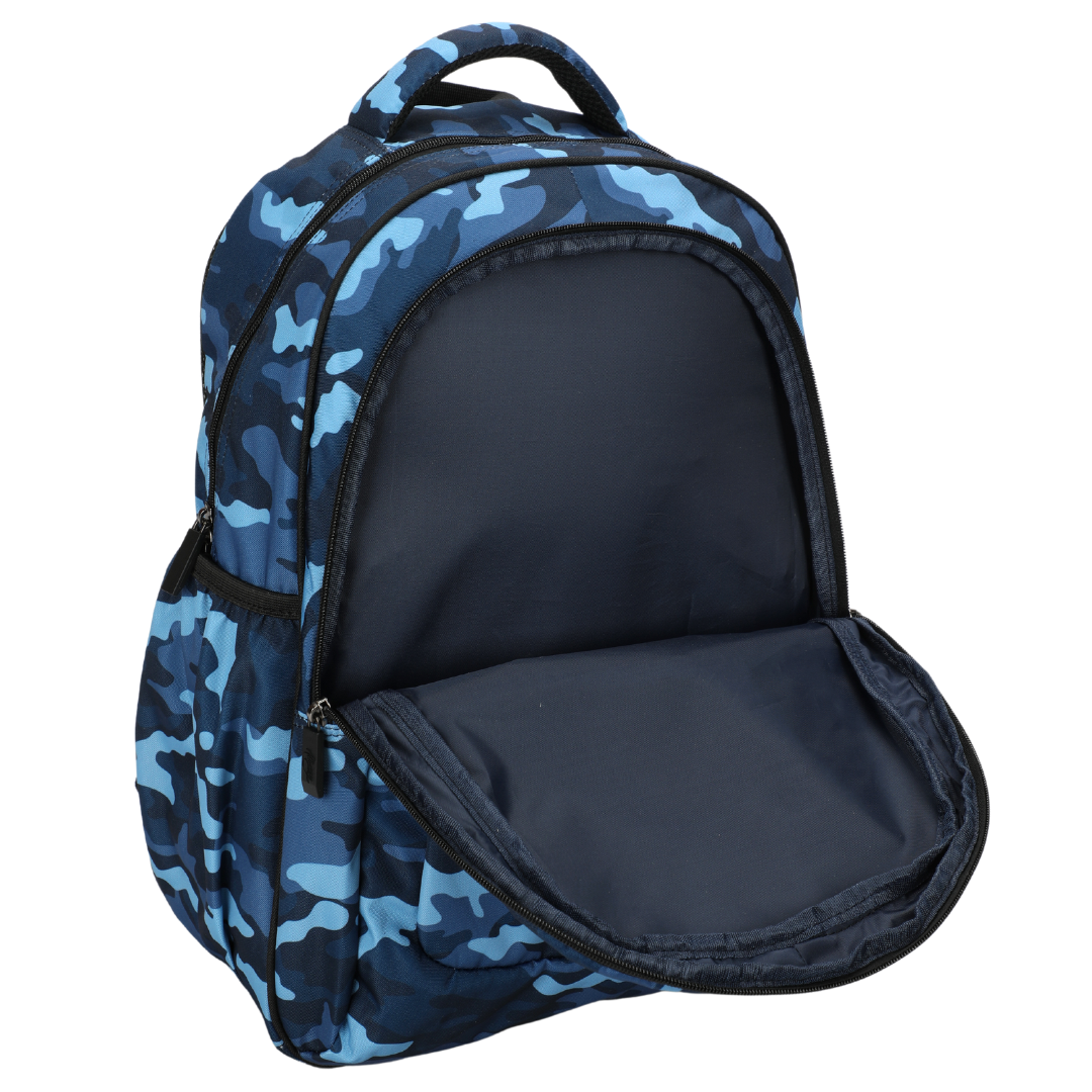 Close-up of Blue Camouflage Large School Backpack Easy clean waterproof lining and durable fabric
