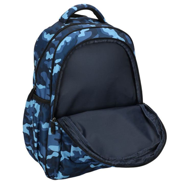 Close-up of Blue Camouflage Large School Backpack Easy clean waterproof lining and durable fabric