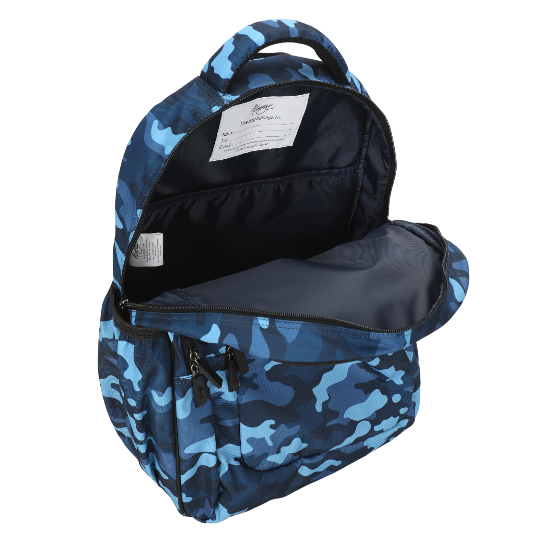 Close-up of Blue Camouflage Large School Backpack Easy clean waterproof lining and durable fabric