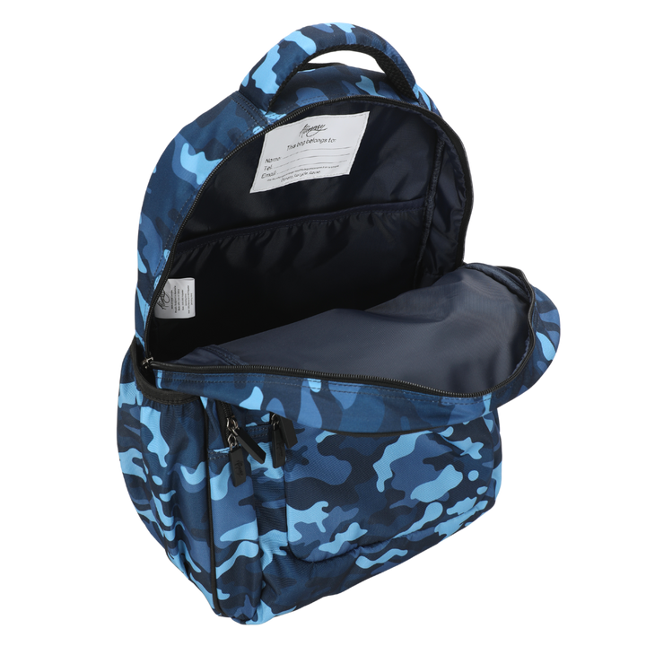 Close-up of Blue Camouflage Large School Backpack Easy clean waterproof lining and durable fabric