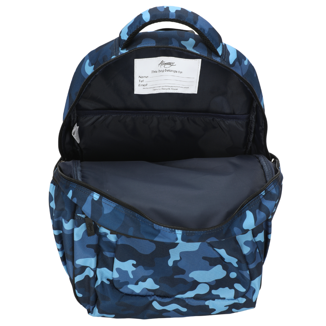 Close-up of Blue Camouflage Large School Backpack Easy clean waterproof lining and durable fabric