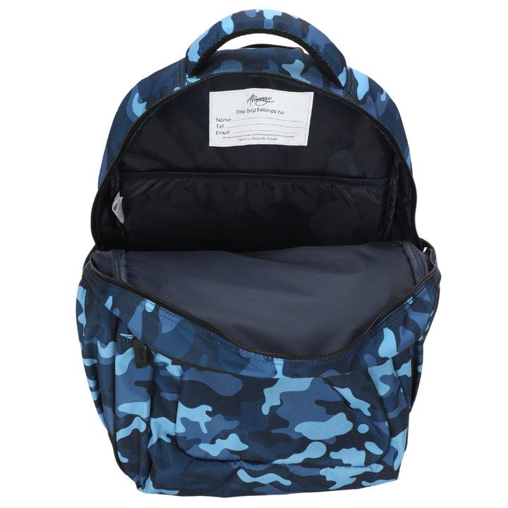 Close-up of Blue Camouflage Large School Backpack Easy clean waterproof lining and durable fabric