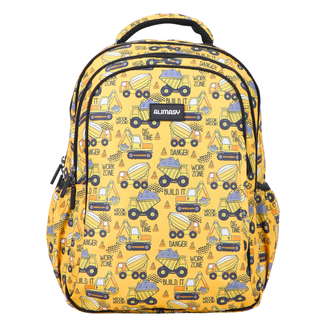 A midsize kids backpack with a bright yellow construction print, featuring trucks and building blocks. It has multiple compartments and a dark blue Alimasy lining.