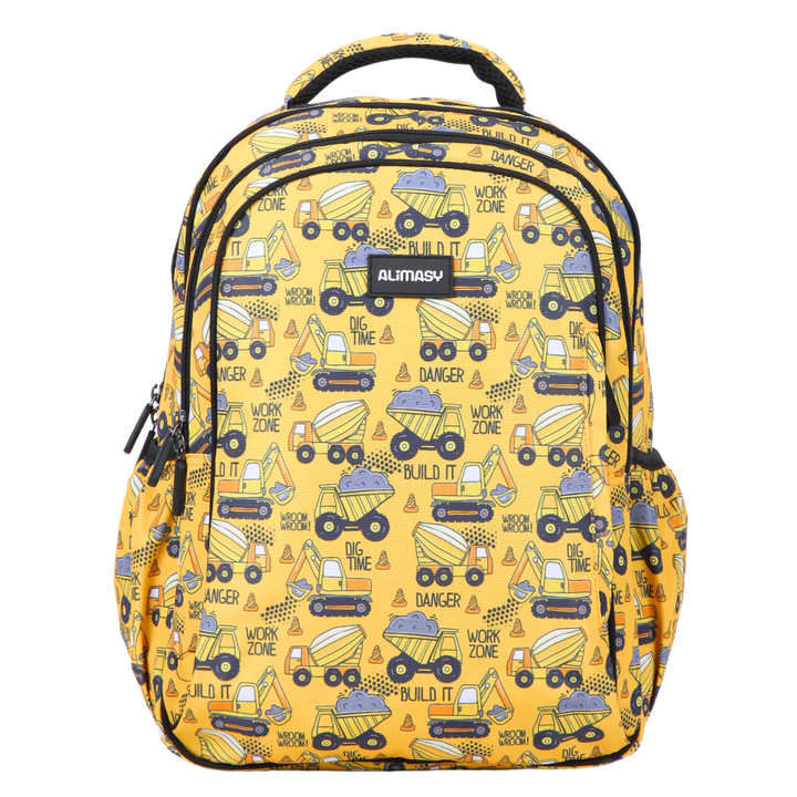 A midsize kids backpack with a bright yellow construction print, featuring trucks and building blocks. It has multiple compartments and a dark blue Alimasy lining.