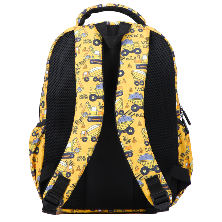 Construction Midsize Kids Backpack back view ergonomic padded straps and back, comfortable waterproof kids school bag