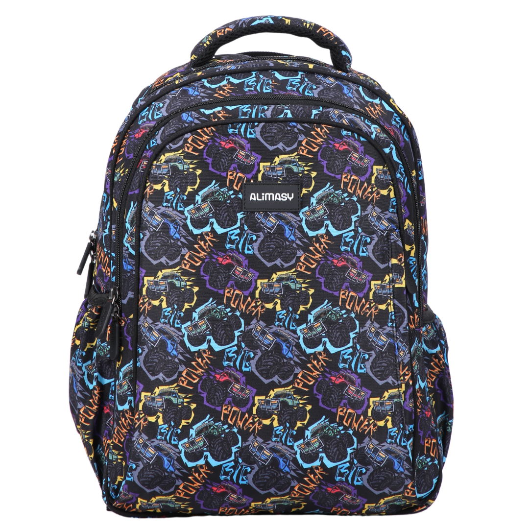 Monster Trucks Midsize Kids Backpack front view lightweight waterproof preschool and primary school bag Australia NZ