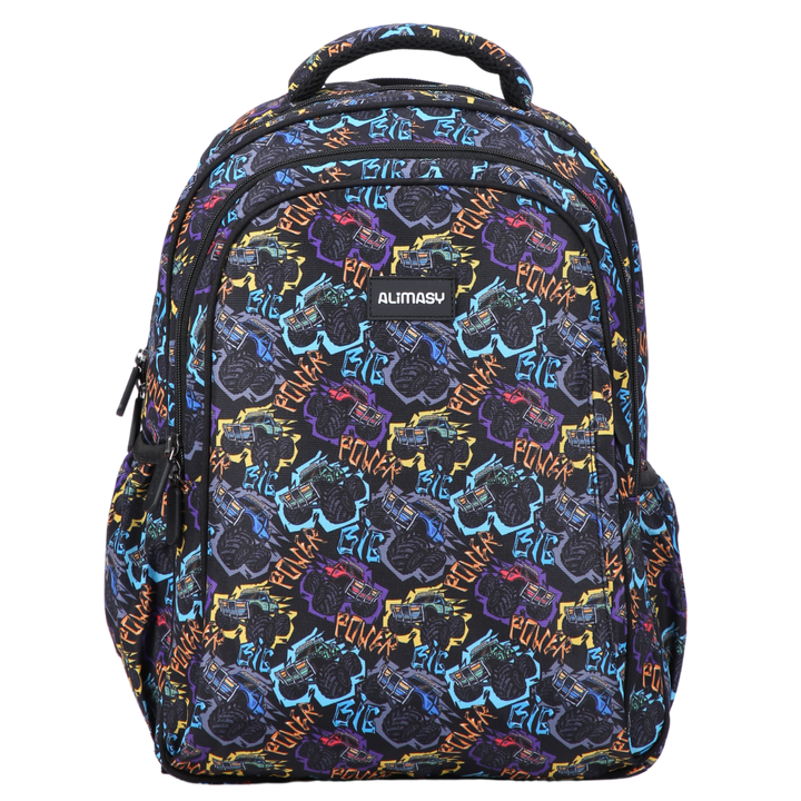 Monster Trucks Midsize Kids Backpack front view lightweight waterproof preschool and primary school bag Australia NZ