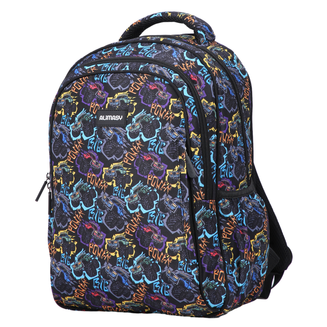 Black and Colourful Monster Trucks Midsize Kids Backpack detail shot durable YKK zips and reinforced handle, waterproof kids backpack